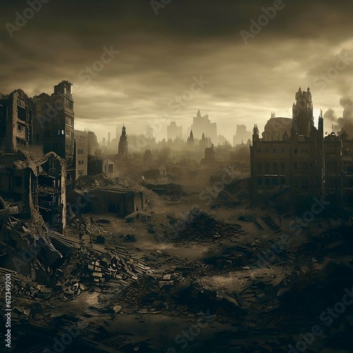 Foto City ​​destroyed after war. Made by AI bing image creator.