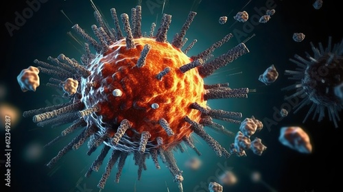 Close up of a virus, covid, covid 19, bacterium, macro, macro organism, virus, closeup, orange, blue, 3d