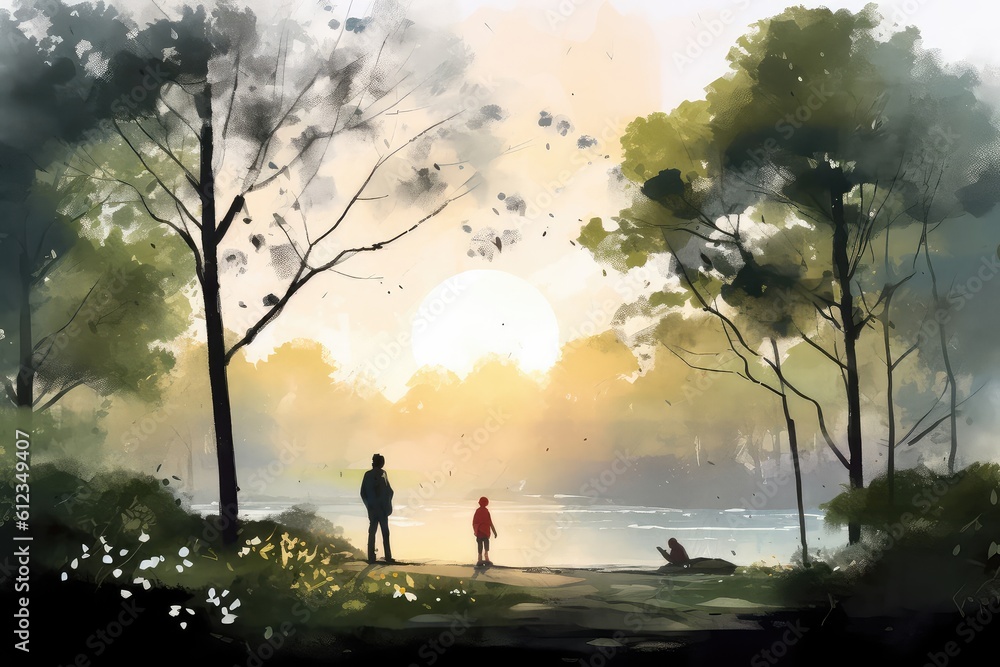 Peaceful park watercolor illustration - Generative AI.