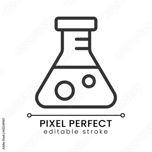 Conical flask pixel perfect linear icon. Scientific experiment. Medical test. Laboratory glassware. Thin line illustration. Contour symbol. Vector outline drawing. Editable stroke. Poppins font used