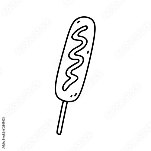 Corn dog isolated on white background. Korean fast food, street food snack. Vector hand-drawn illustration in doodle style. Perfect for various designs, cards, logo, menu.