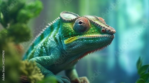 A realistic photo with a chameleon close up. Generative ai.