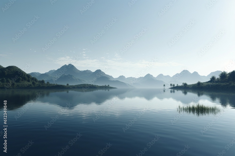 A minimalist landscape with a scenic lake or river, Generative AI