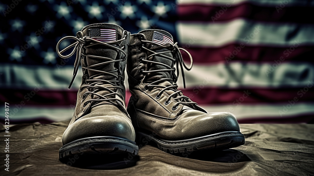 military combat boots with US flag in the background. Generative Ai military combat boots with US flag in the background. Generative Ai