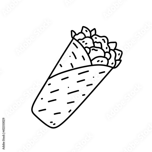 Burrito isolated on white background. Traditional mexican fast food, street food snack. Vector hand-drawn illustration in doodle style. Perfect for various designs, cards, logo, menu.