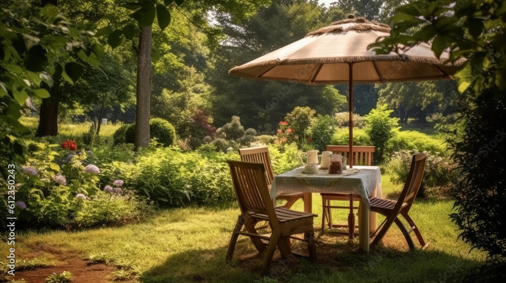 Summer picnic table, chairs and umbrella outdoors in a beautiful summer garden in the morning. Generative AI Summer picnic table, chairs and umbrella outdoors in a beautiful summer garden in the morning. Generative AI