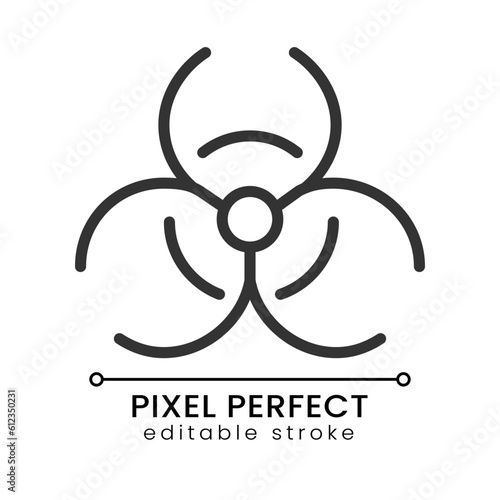 Biohazard pixel perfect linear icon. Warning sign. Biological threat. Medical waste. Lab caution. Thin line illustration. Contour symbol. Vector outline drawing. Editable stroke. Poppins font used