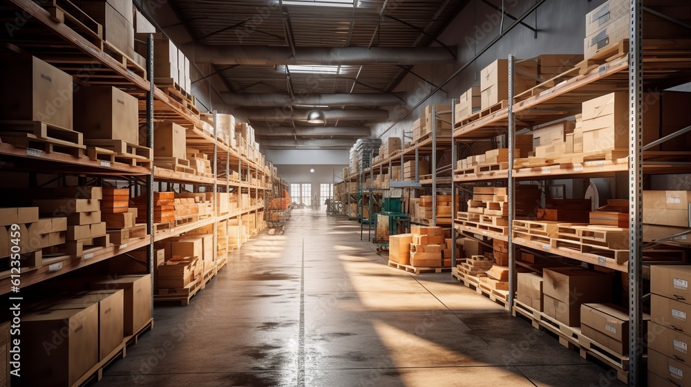 A large clean warehouse with boxes. Generative ai. A large clean warehouse with boxes. Generative ai.