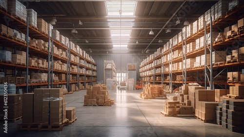 A large clean warehouse with boxes. Generative ai.