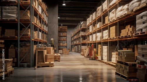 A large clean warehouse with boxes. Generative ai.