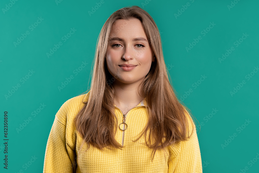 Pretty blonde woman, big lips on blue background. Smiling natural healthy girl Pretty blonde woman, big lips on blue background. Smiling natural healthy girl