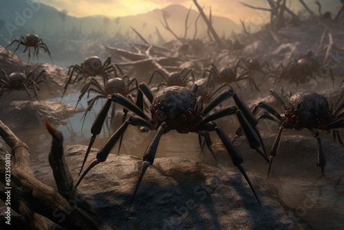 A detailed illustration of a group of arachnids, such as spiders or scorpions, in a dramatic and striking natural setting, Generative AI