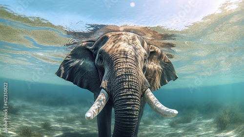 Swimming Elephant Underwater. African elephant in ocean with mirrors and ripples at water surface. Generative Ai