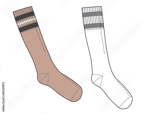 Thigh-high socks technical sketch vector illustration mockup template