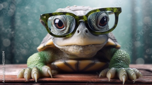 A cute turtle wearing glasses. Generative ai.