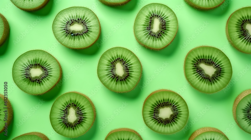 Kiwi halves on a green background, top view, generative AI. Kiwi halves on a green background, top view, generative AI.