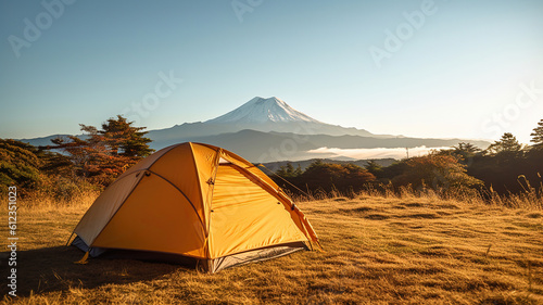 Tent with a view of fuji mountain, camping at mountain fuji. Generative Ai