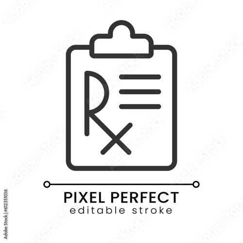 Medical prescription pixel perfect linear icon. Disease treatment. Medication therapy. Abbreviation. Thin line illustration. Contour symbol. Vector outline drawing. Editable stroke. Poppins font used