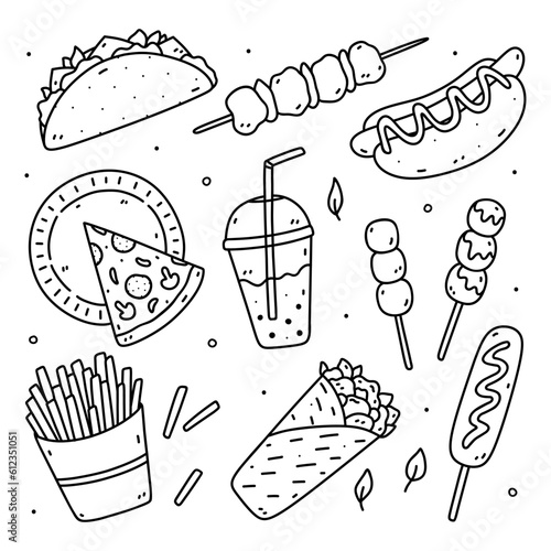 Doodle set of street food - taco, burrito, hot dog, pizza, French fries, kebab, corn dog and dango. Fast food clipart. Vector hand-drawn illustration. Perfect for various designs, cards, logo, menu.