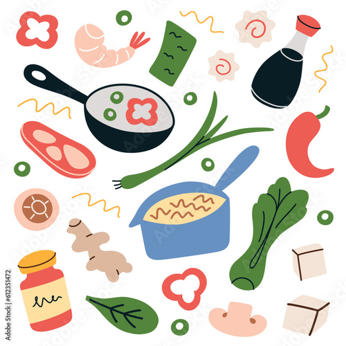 Ramen ingredients hand drawn collection, doodle icons of noodles, mushrooms, shrimps, soy sauce, vector illustrations of asian meal recipe, cooking noodle soup with broth, vegetables and seafood