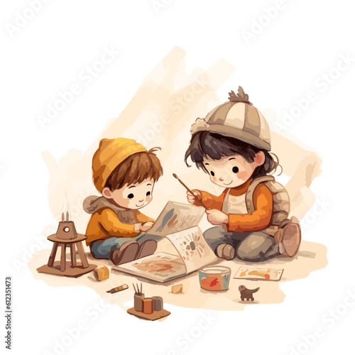 Children learning to draw, joy, painting, children book illustration, svg vector