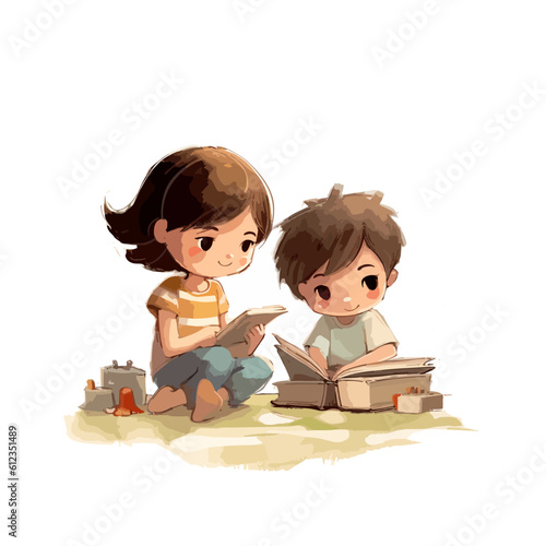 Children learning to read, draw, painting, children book illustration, svg vector
