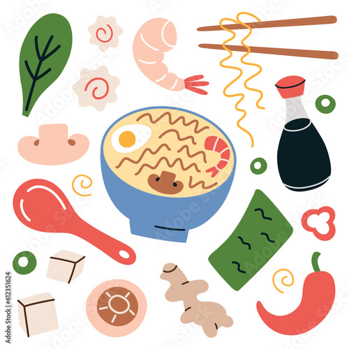 Ramen toppings hand drawn collection, doodle icons of vegetable, seafood, tofu, vector illustrations of noodle soup ingredients, eating ramen with different flavors, isolated colored clipart