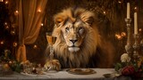 A realistic photo representing a lion drinking. Generative ai.