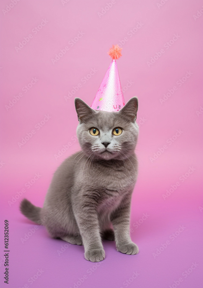 Minimal birthday party animal concept, cute cat having crazy fun on pastel background. Birthday cap on a happy kitten animal. Generative AI, illustration. Minimal birthday party animal concept, cute cat having crazy fun on pastel background. Birthday cap on a happy kitten animal. Generative AI, illustration.