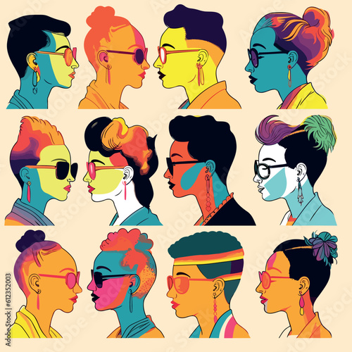Illustration of hand painting LGBTQ + person, bright colors, rash strokes, set of stickers, abstract forms, interesting hairstyles and accessories