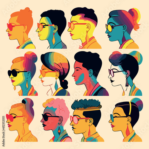 Illustration of hand painting LGBTQ + person, bright colors, rash strokes, set of stickers, abstract forms, interesting hairstyles and accessories