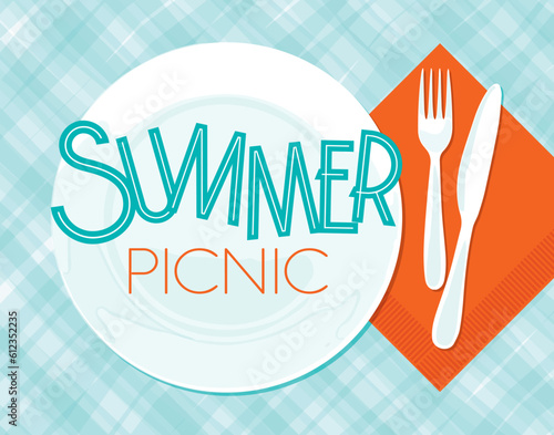 Summer picnic place setting on light blue plaid tablecloth. Empty plate with fork and knife on a blue gingham blanket. overview of a Picnic plate setting