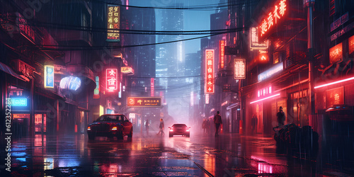 Urban Night Scene with Neon Lights and Car Ai generated  © Hadi