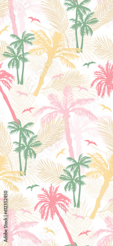 Vector beautiful exotic summer pattern with palm trees and leaves on white background. Tropical illustration print. © sueziarts