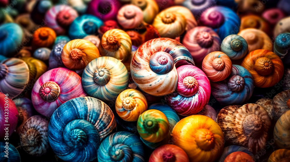 Background of colorful snail shells, generative AI.