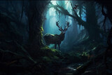 A noble deer standing between trees in a dark magical forest. Generative AI illustration.