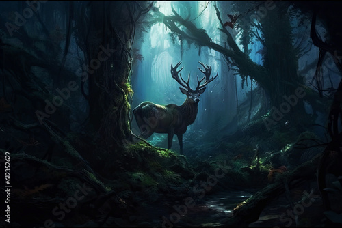 A noble deer standing between trees in a dark magical forest. Generative AI illustration. © Anastasia