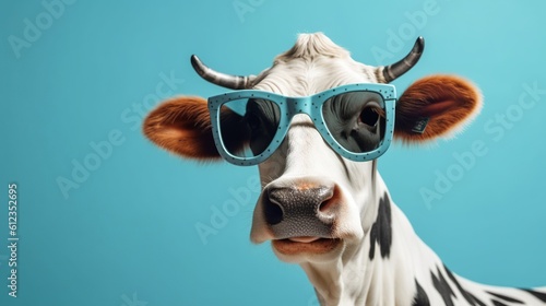 A funny cow with sunglasses in a blue background. Generative ai. © joseduardo