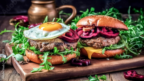 Beef burgers with greens, red onion and fried eggs, generative AI.