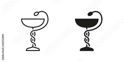 Bowl with Snake Line and Silhouette Black Icon Set. Pharmacy Pictogram. Pharmaceutical or Medical Clinic, Drugstore, Hospital Symbol Collection on White Background. Isolated Vector Illustration photo