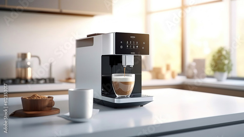 Fotografija Modern coffee machine with cup on counter in kitchen