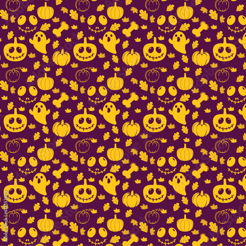 Seamless Halloween pattern , cheerful pumpkins , bone , cute scary ghost , eyes with a smile , autumn leaves , decorative holiday pattern