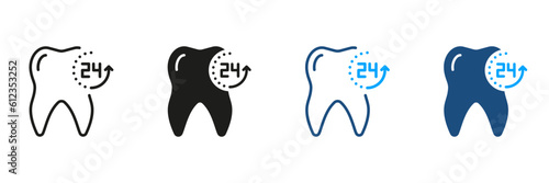 Dental Protection for 24 Hours Silhouette and Line Icons Set. Teeth Hygiene, Dental Treatment Symbol Collection. Oral Care, Fresh Tooth Pictogram. Dentistry Sign. Isolated Vector Illustration