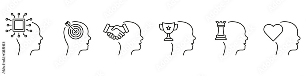 Human Mind Process Line Set. AI, Goals, Motivation, Strategy Thinking Symbols. Mental Health Outline Sign Collection. Artificial Intelligence. Editable Stroke. Isolated Vector Illustration Human Mind Process Line Set. AI, Goals, Motivation, Strategy Thinking Symbols. Mental Health Outline Sign Collection. Artificial Intelligence. Editable Stroke. Isolated Vector Illustration