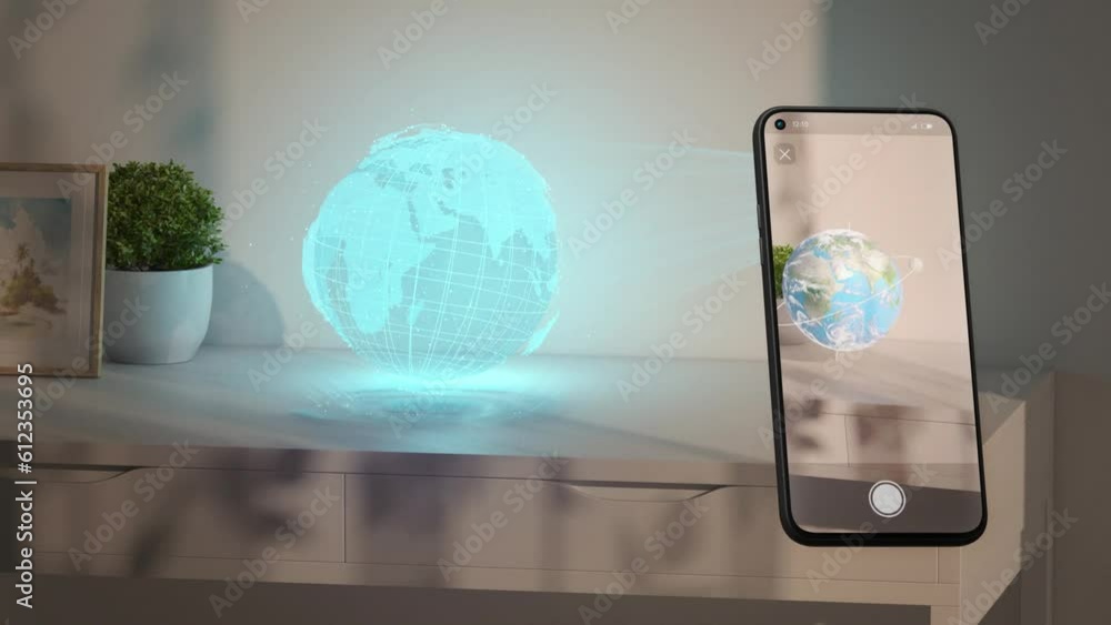 Planet eatrh bhologram stand on table phone display augmented reality