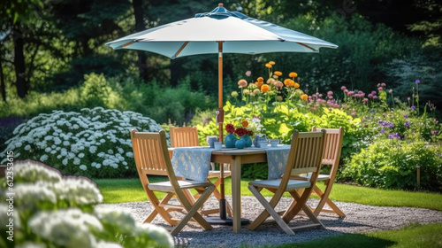 Summer picnic table, chairs and umbrella outdoors in a beautiful summer garden in the morning. Generative AI
