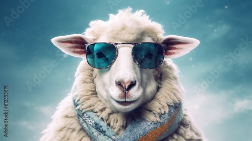 A realistic photo with a funny sheep wearing sunglasses. Generative ai. © joseduardo