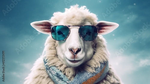 A realistic photo with a funny sheep wearing sunglasses. Generative ai.