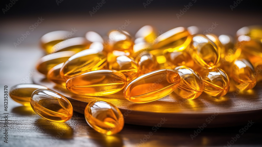 Close up vitamin D and Omega 3 fish oil capsules supplement on wooden plate. Generative Ai Close up vitamin D and Omega 3 fish oil capsules supplement on wooden plate. Generative Ai