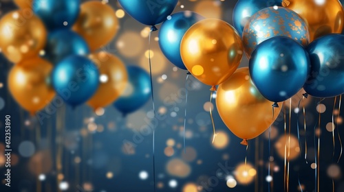 Realistic festive background with balloons in blue and orange colors. Generative ai